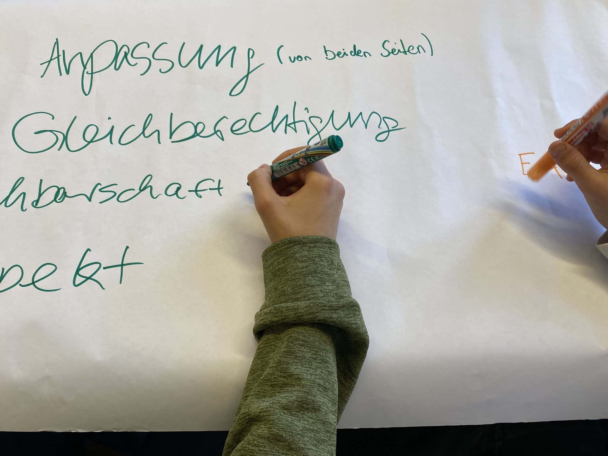 Schüler*innen des John Lennon Gymnasiums schreiben Wörter auf, die sie mit "Integration" verbinden